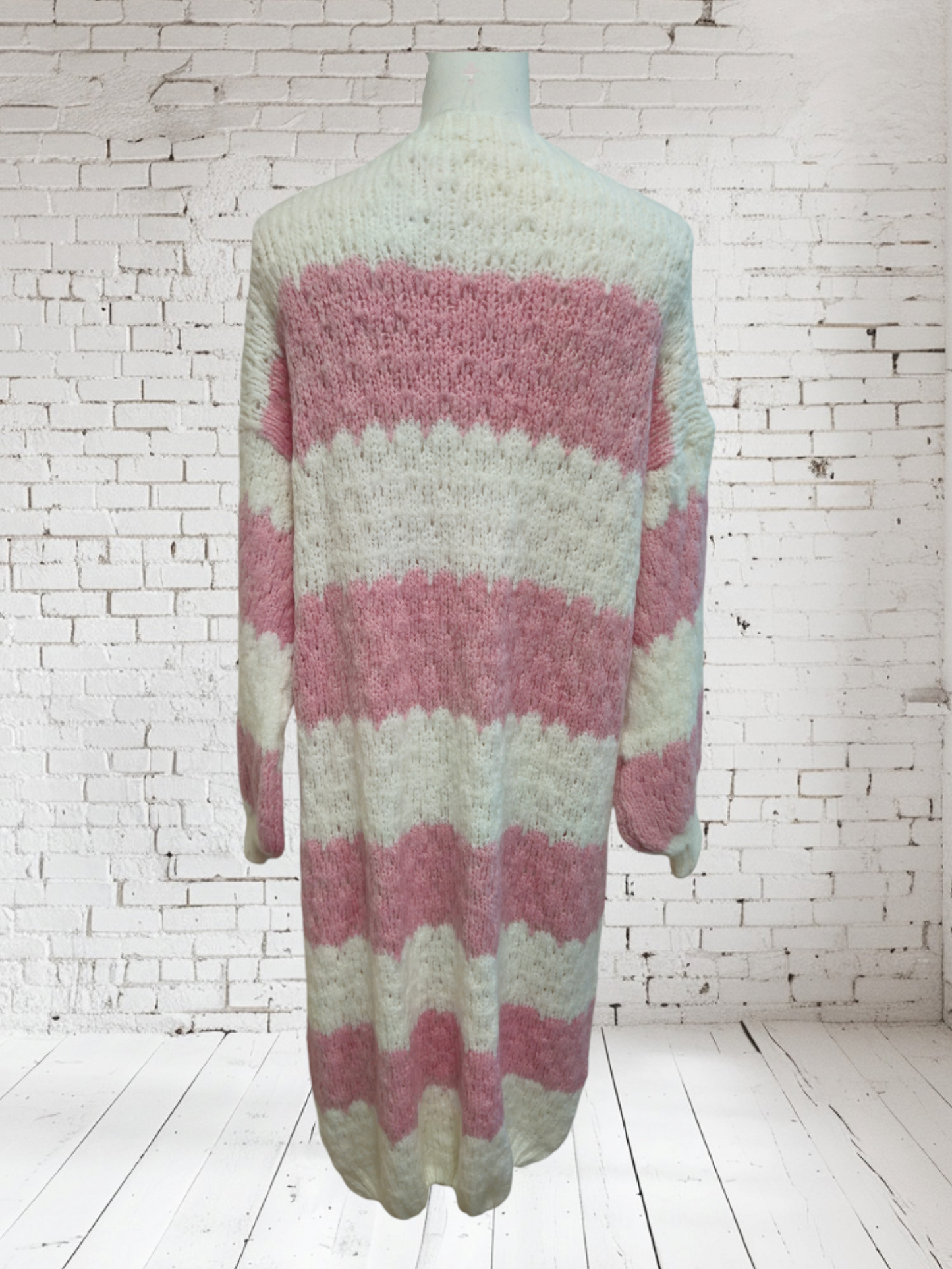 Strickjacke lang rosa-weiss, Onesize bis 42