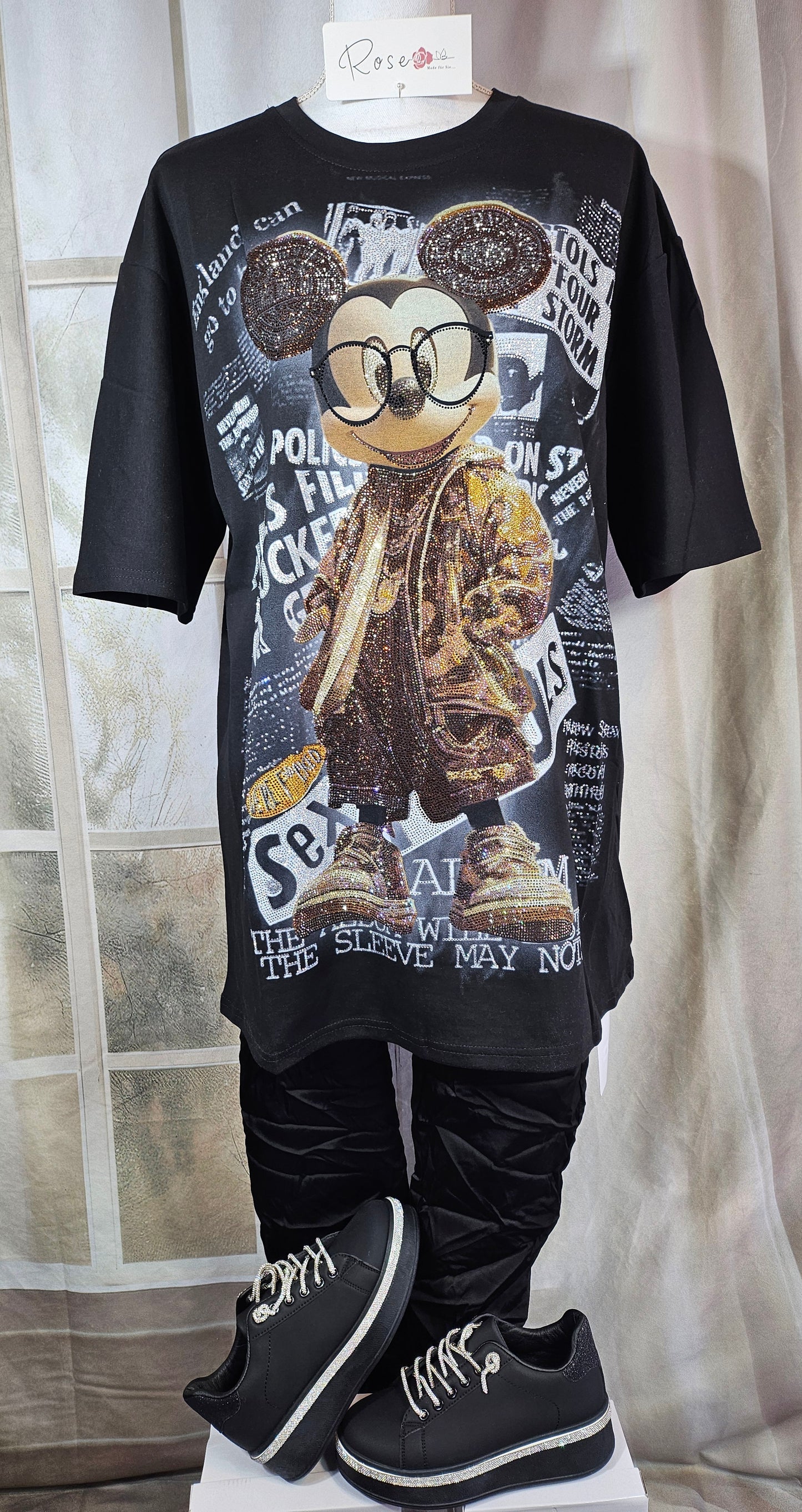 Tshirt schwarz "Mickey mit Brille", Gr. 38 bis 44 von ROSE