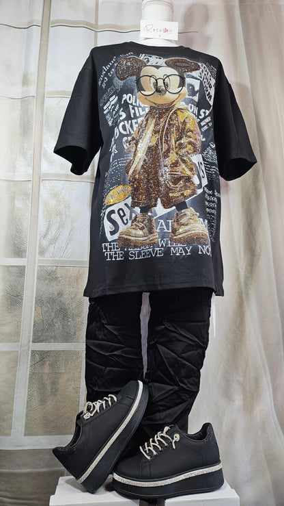 Tshirt schwarz "Mickey mit Brille", Gr. 38 bis 44 von ROSE