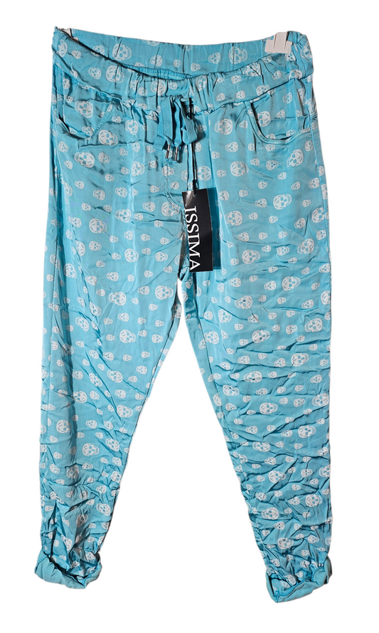 Shiny-Stretchhose, türkis mit Skull, Grösse 42/44