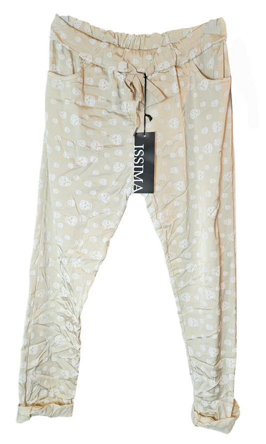 Shiny-Stretchhose, beige mit Skull, Grösse 42/44