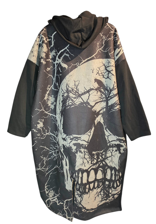 Kapuzenjacke lang schwarz "Skull", Grösse 38-44