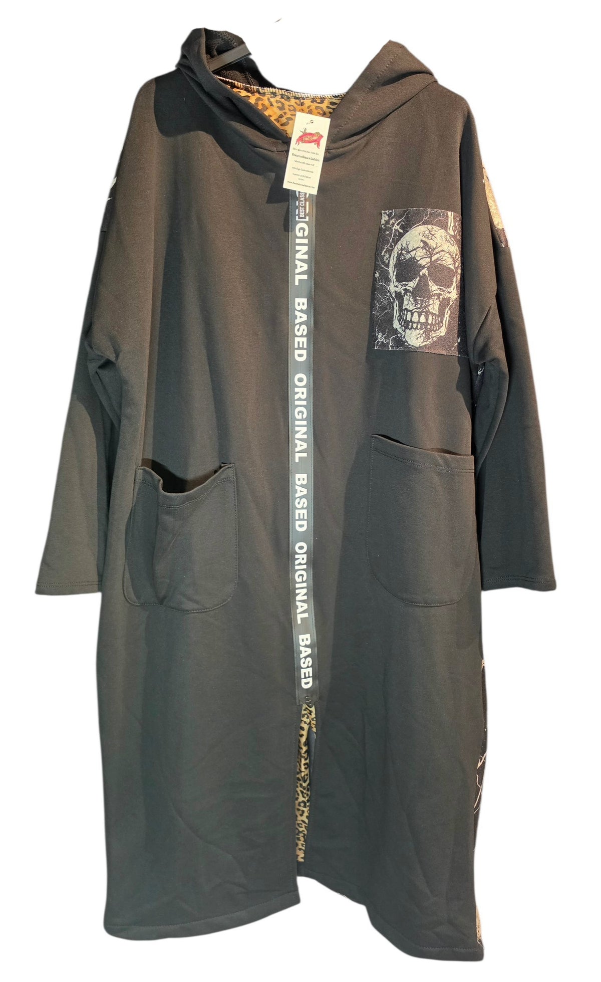 Kapuzenjacke lang schwarz "Skull", Grösse 38-44