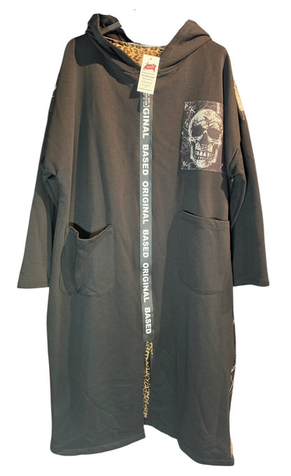 Kapuzenjacke lang schwarz "Skull", Grösse 38-44
