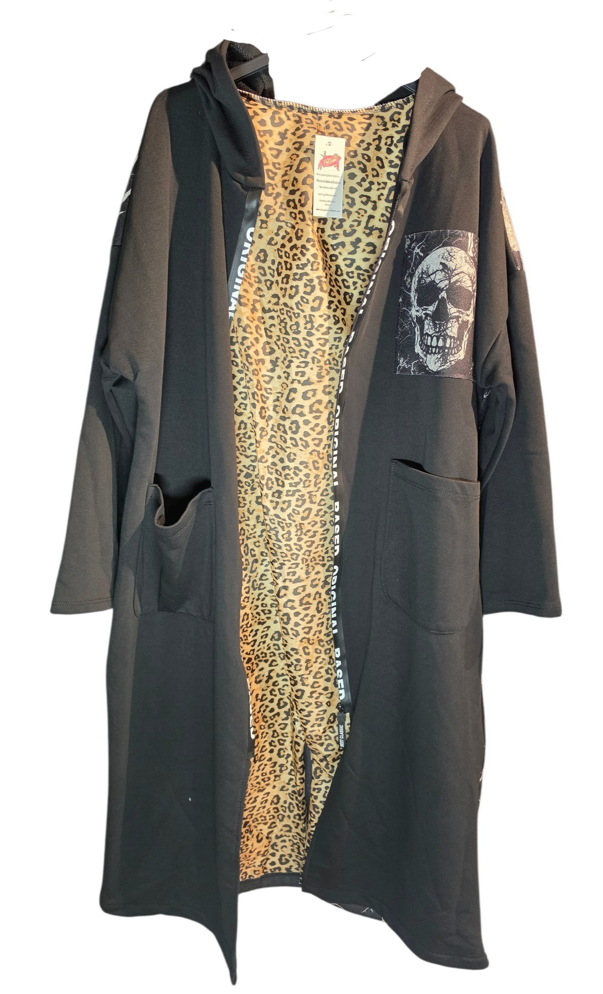 Kapuzenjacke lang schwarz "Skull", Grösse 38-44