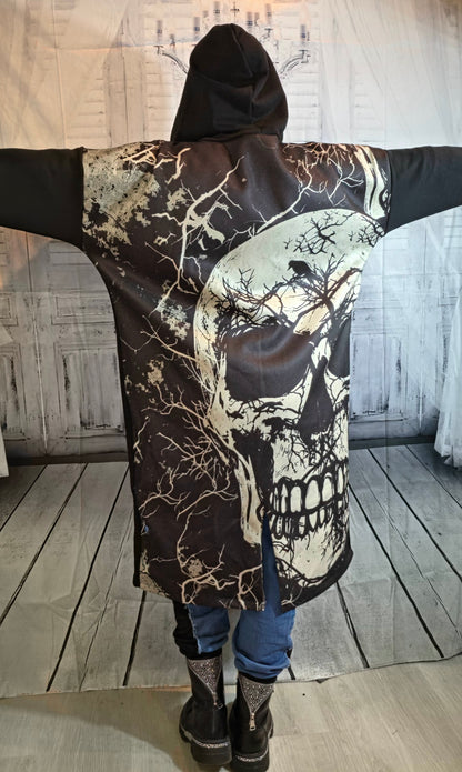 Kapuzenjacke lang schwarz "Skull", Grösse 38-44