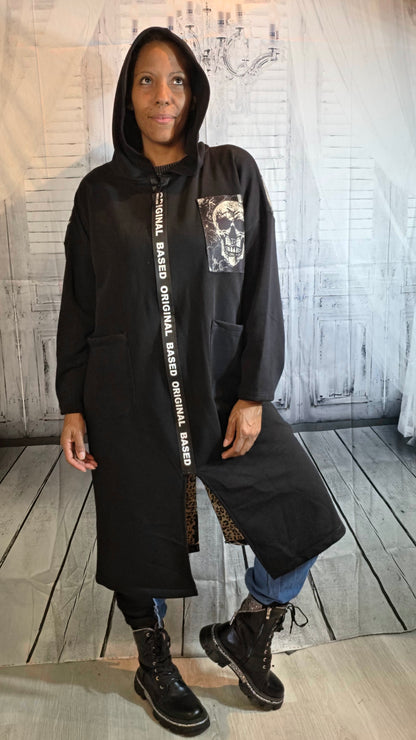 Kapuzenjacke lang schwarz "Skull", Grösse 38-44