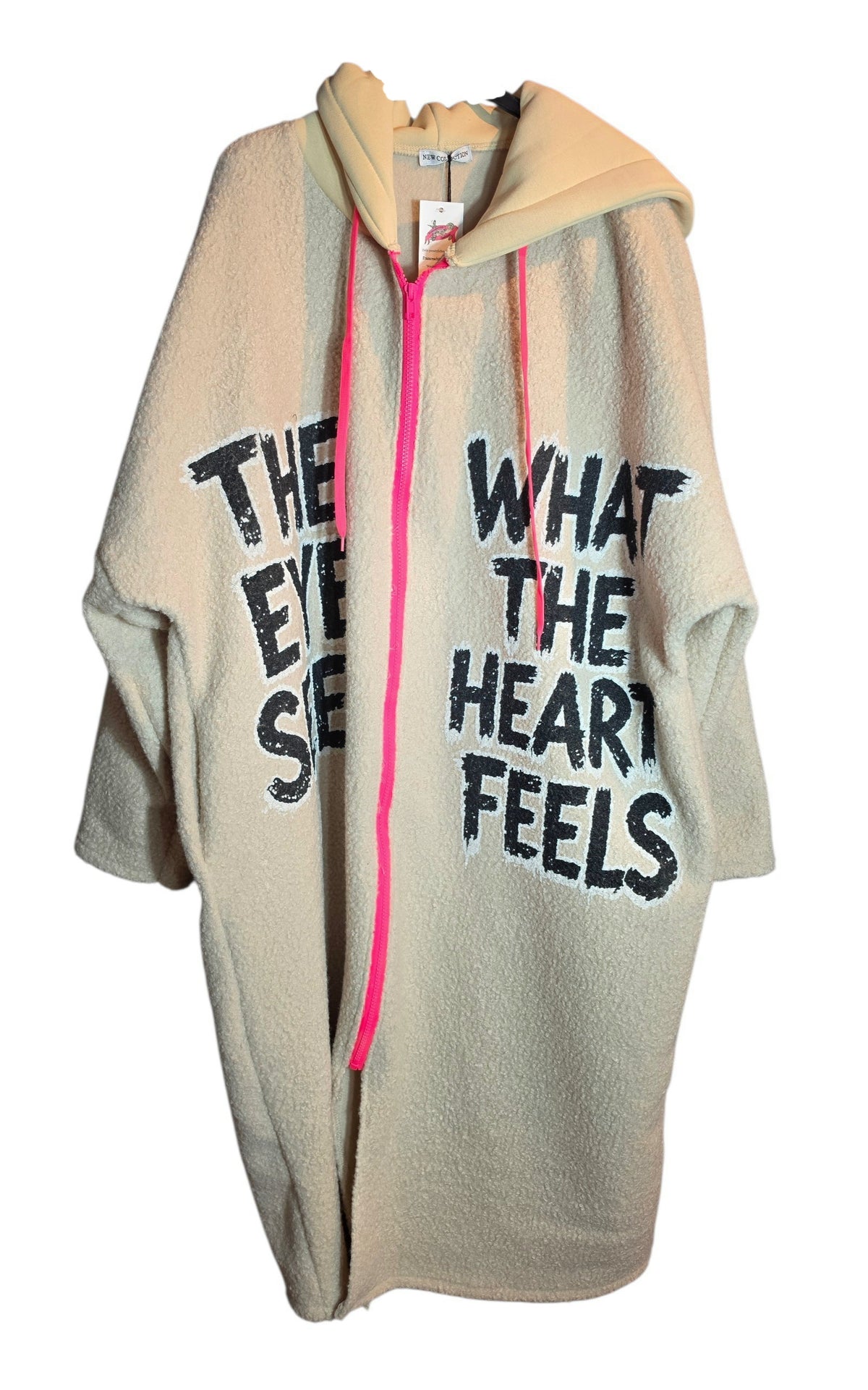 Kapuzenjacke extralang beige "The eys sees....", Grösse 40-46/48