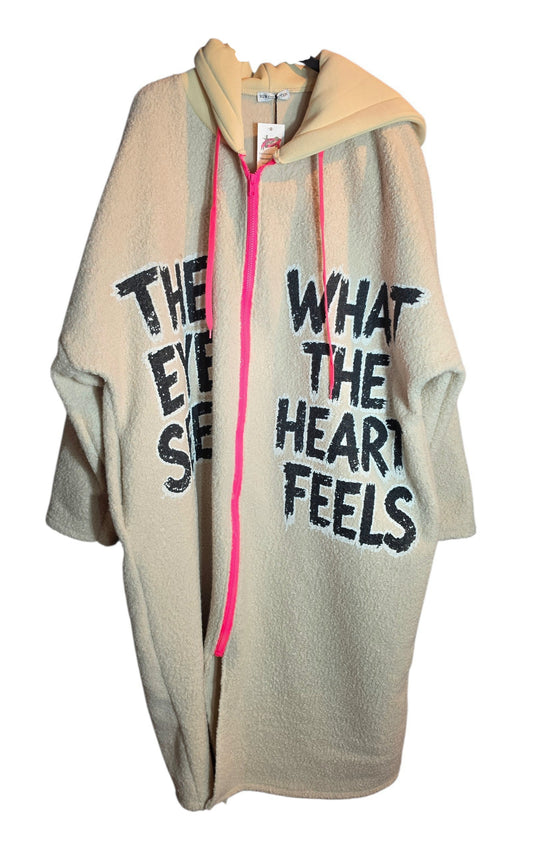 Kapuzenjacke extralang beige "The eys sees....", Grösse 40-46/48