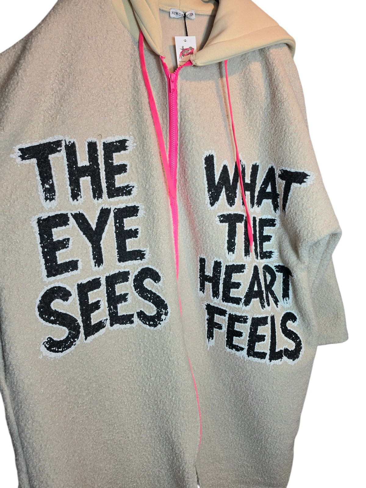 Kapuzenjacke extralang beige "The eys sees....", Grösse 40-46/48