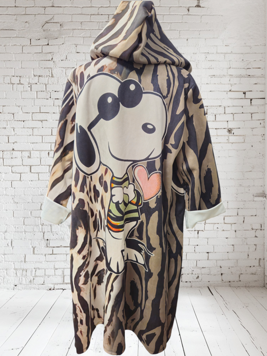 Longblazer mit Kapuze "Snoopy getigert" Onesize bis Grösse 44/46, Velours