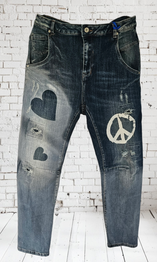 Stretchjeans "LOVE & PEACE" blau, Grösse XL