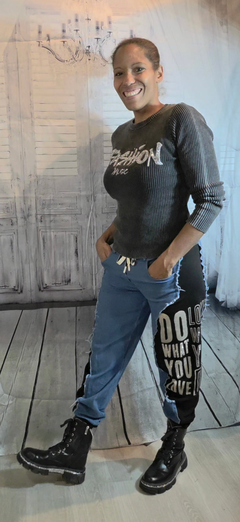 Stretchhose "Love what", blau/grau, Grösse 36 -40 von ISSIMA