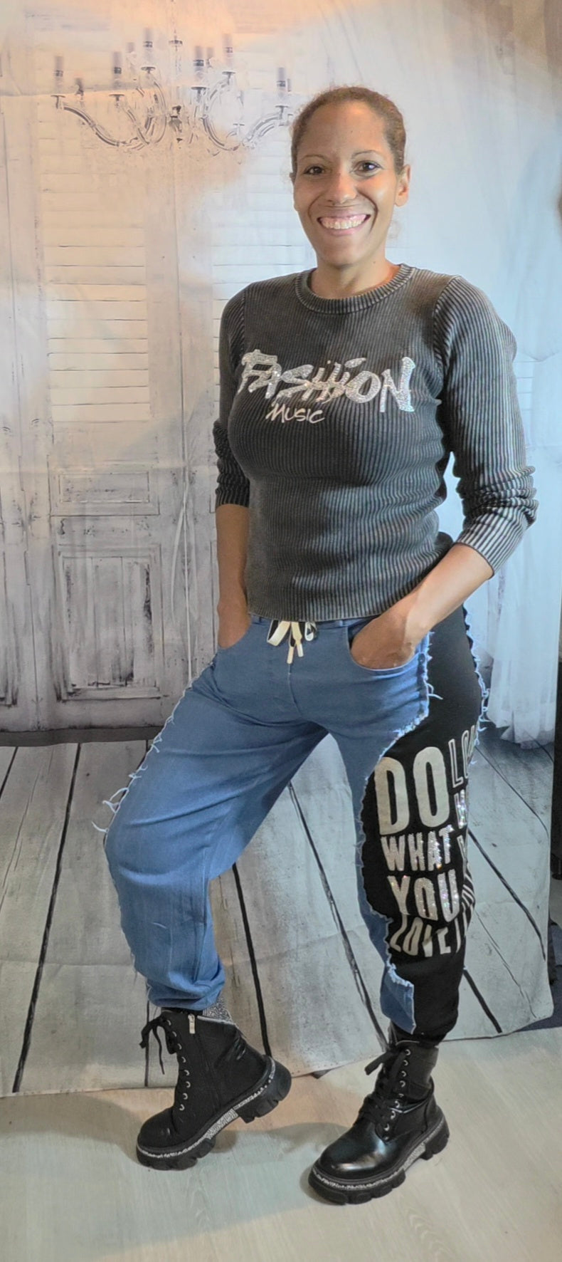 Stretchhose "Love what", blau/grau, Grösse 36 -40 von ISSIMA