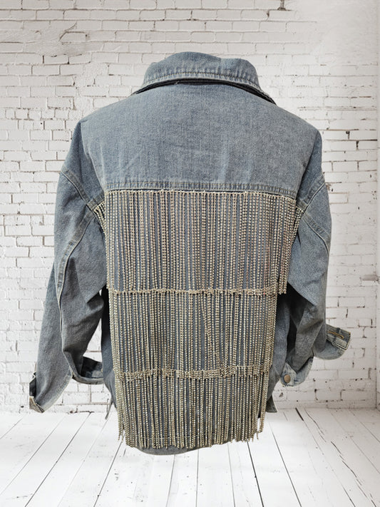 Veste en jean à franges strass, taille 44/46