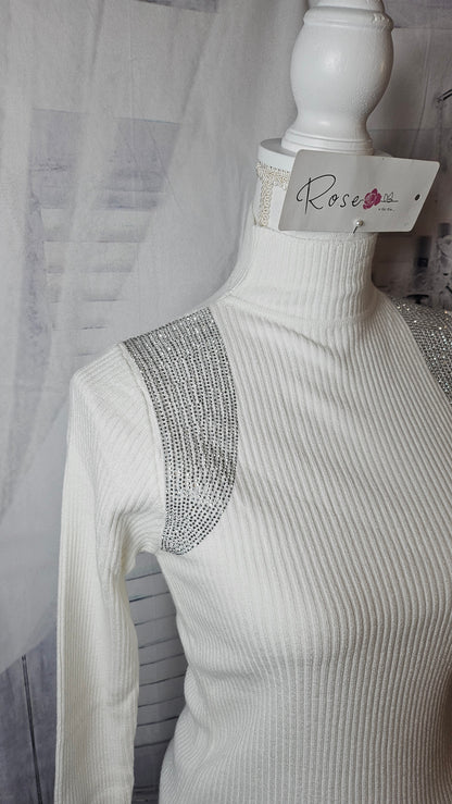 Rollkragenshirt mit Bling Bling weiss, Grösse onesize bis 42 von ROSE